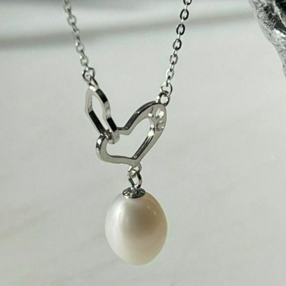 Stamped I‎ LOVE U 925S Silver Drop Freshwater Pearl Pendant Heart Necklace - Picture 6 of 16